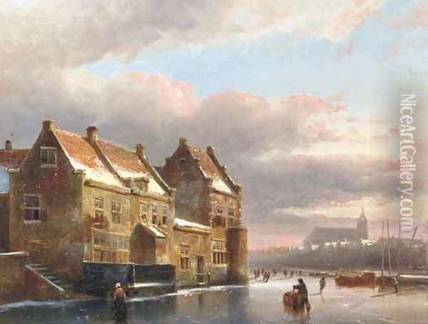 Figures on a frozen city canal at dusk Oil Painting - Kasparus Karsen
