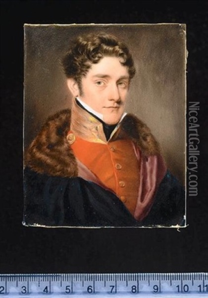 A Officer Wearing Scarlet Coatee, With Gold Collar Laced Overall And Buttons With Gr Motif, Blue Fur-collared Cloak With Purple Lining Oil Painting - John Cox Dillman Engleheart
