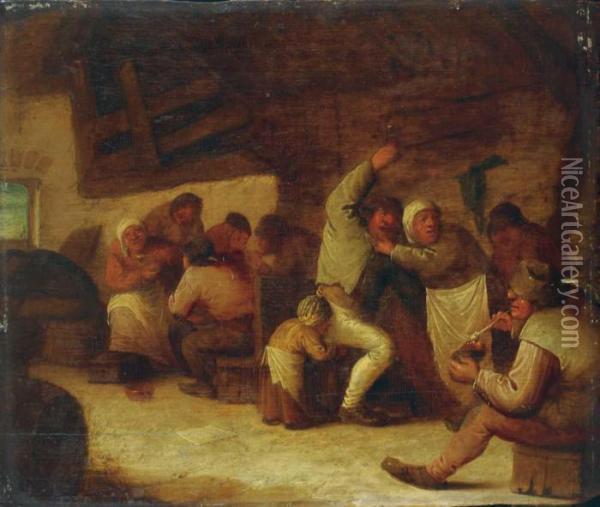 Ausgelassene Bauern Im Wirtshaus. Oil Painting - Adriaen Jansz. Van Ostade