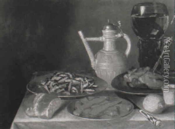 Whitebait, Meat, A Roemer, Pitcher, Bread, Lemon And Knife On A Draped Table Oil Painting - Georg Flegel