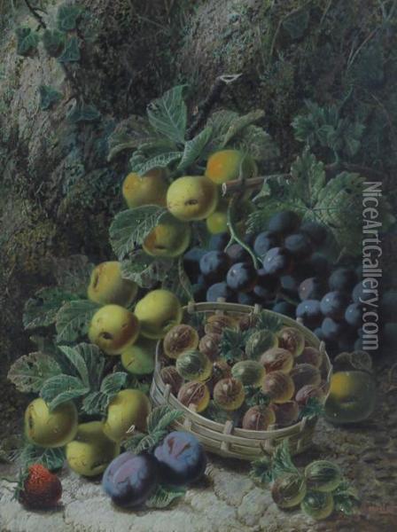 Still Life Of Gooseberries, Plums And Strawberry On A Mossy Bank Oil Painting - Oliver Clare