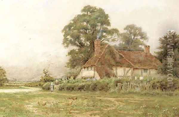 Rural cottage with chickens feeding Oil Painting - Curtius Duassut