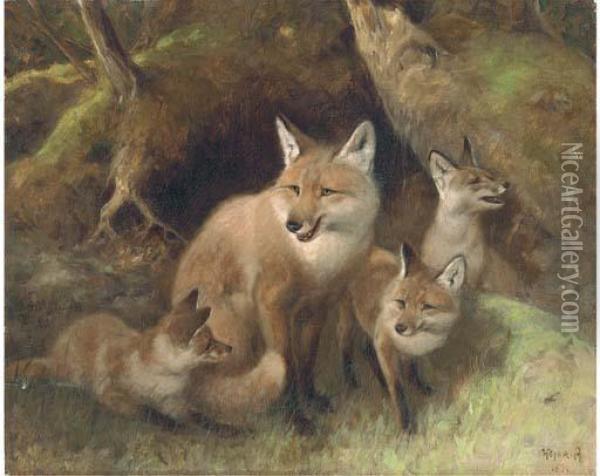 A Fox With Cubs Oil Painting - Arthur Heyer