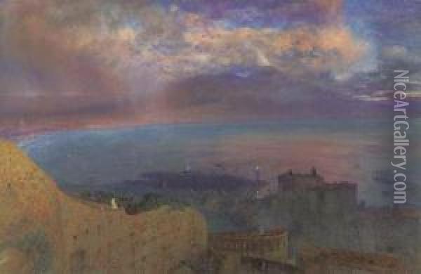 Naples: 'a Land Of Smouldering 
Fire' View Looking From Naplesacross The Bay To Vesuvius In Eruption, 
Evening Sky Oil Painting - Alfred William Hunt