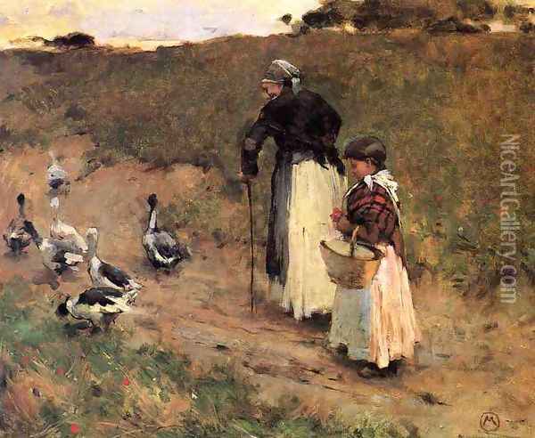 Old Woman with Child and Goose Oil Painting - Willard Leroy Metcalf