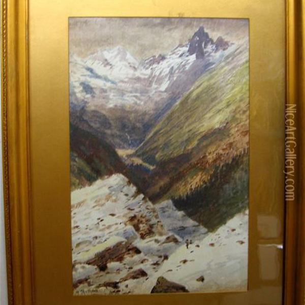 Traveller In A Mountain Landscape Oil Painting - Marmaduke Matthews