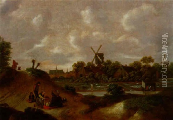 Hollandische Dunenlandschaft Mit Einer Leinenbleiche, Im    Hintergrund Die Stadt Haarlem... Oil Painting - Nicolaes Molenaer