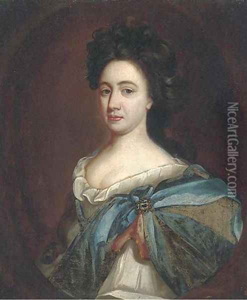Portrait of a lady, half-length, in a white dress, with a blue wrap and jewelled brooch Oil Painting - Johann Closterman