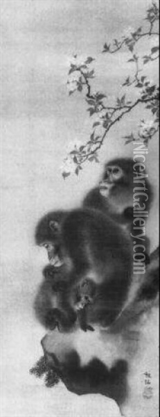 Affen Unter Kirschbluten Oil Painting - Sosen Mori