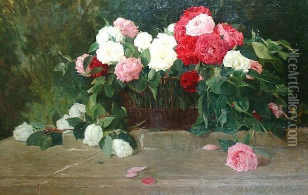 Still Life Of Roses In A Basket 'c. Albrecht. 18' (centre Right) Oil Painting - Karl Albrecht