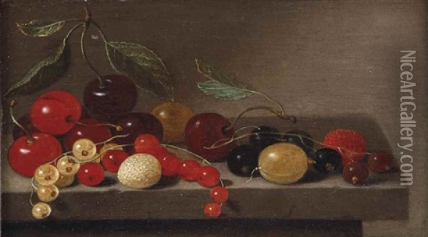 Cherries, Gooseberries, Redcurrants, Blackcurrants And Strawberries On A Stone Ledge Oil Painting - Floris Gerritsz. van Schooten
