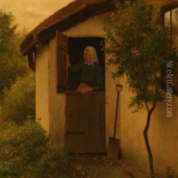 An Old Woman In The Doorway Of A Farmhouse Oil Painting - Julius Exner