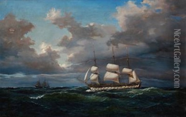 Seascape With A Ship Of The Line In High Waves Oil Painting - Carl Julius Emil Olsen