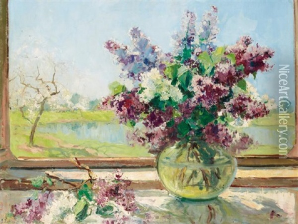 Bouquet De Lilas Devant La Fenetre Oil Painting - Georgi Alexandrovich Lapchine