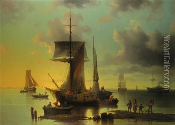 Schiffe Vor Der Kuste Im Abendlicht Oil Painting - Josef Karl Berthold Puettner