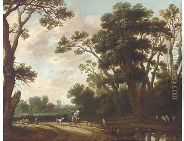 A landscape with a traveller and a dog on a track Oil Painting - Jasper van der Lanen