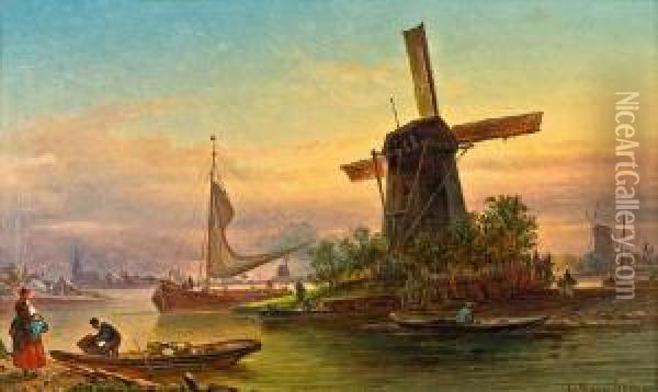 Kustenlandschaft Mit Windmuhle Oil Painting - Elias Pieter van Bommel