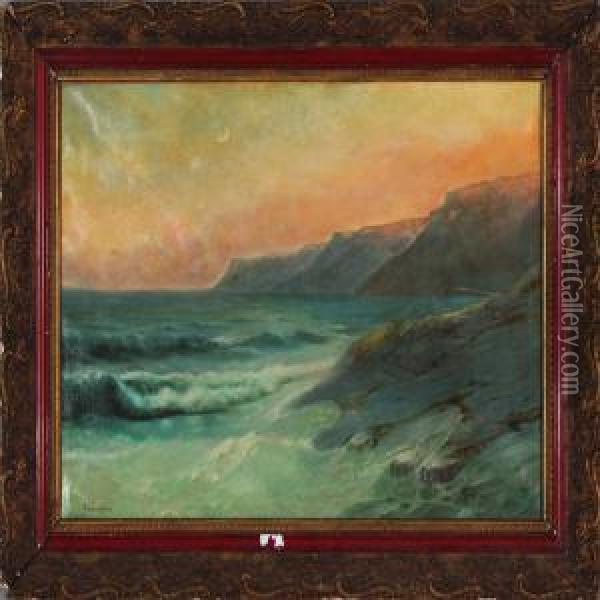 Coastal Scene In Moonlight Oil Painting - Garabet Yazmadjian