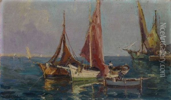 Fishing Boats Oil Painting - Georgi Alexandrovich Lapchine
