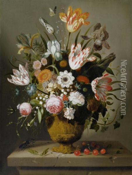 Still Life With Flowers In Aterracotta Vase On A Pedestal Oil Painting - Jacob Marrel