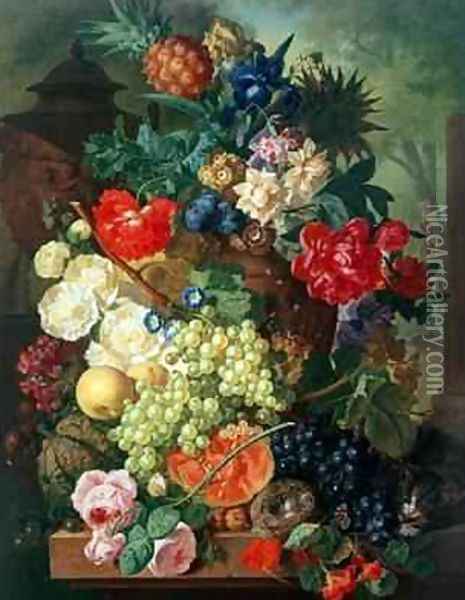 Mixed Flowers and Pineapples in an Urn with a Bird's Nest and a Cat Oil Painting - Jan van Os