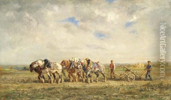 Unter Weitem Bewolktem Himmel Funf Pferde, Einen Pflug Ziehend Oil Painting - Jules Jacques Veyrassat