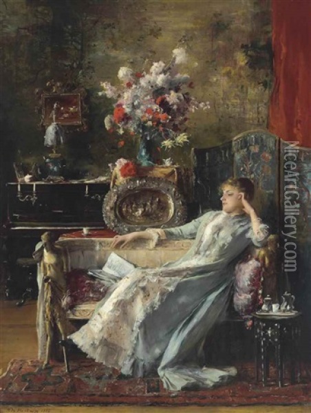 Young Woman Sitting On A Sofa Oil Painting - Mihaly Munkacsy