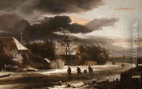 A winter Landscape with Villagers on a Path Oil Painting - Jacob Van Ruisdael
