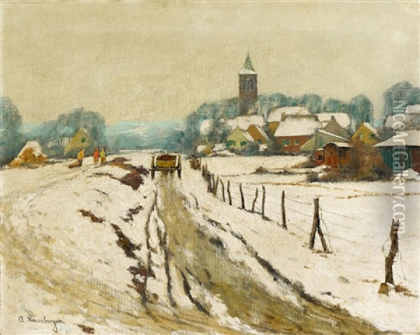 Winterliches Dorf Oil Painting - Alfred Rasenberger