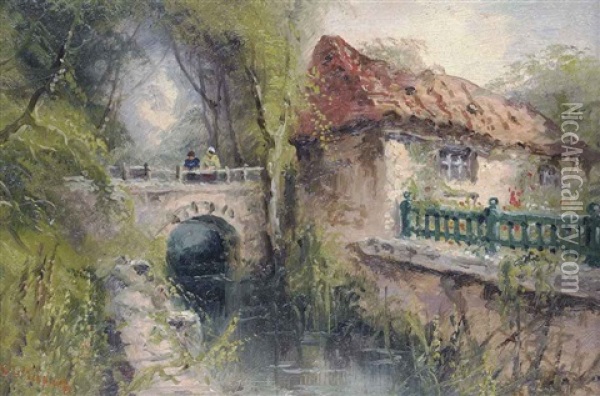 Feeding The Ducks (+ Cottage With Figures On A Bridge Over A Stream, Oil On Paper; 2 Works) Oil Painting - Sarah Louise Kilpack