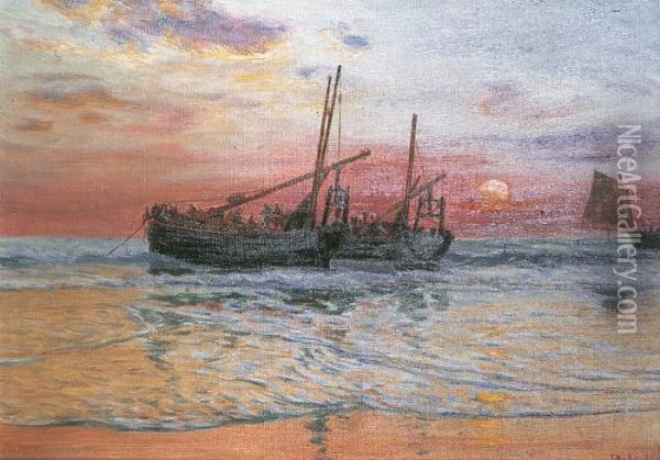 Grandes Barques De Peche Pres Des Cotes Au Soleil Couchant Oil Painting - Charles Emmanuel Roussel