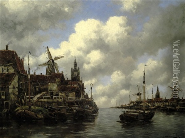 Dutch Harbour, A Pair Oil Painting - Hermanus Koekkoek the Younger