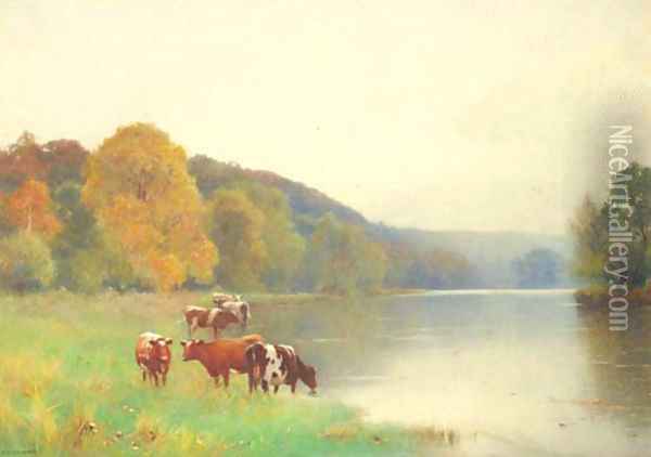 Cattle watering at the edge of a lake Oil Painting - Benjamin D. Sigmund
