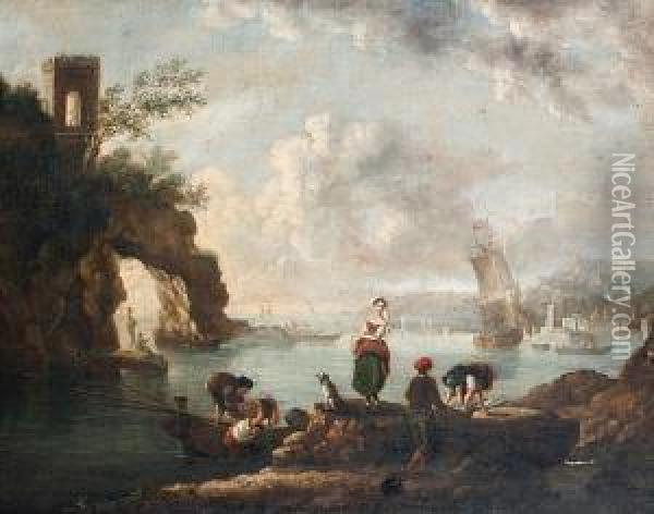 An Italianate Landscape, With Fishermen Working On A Shore And A City In The Distance Oil Painting - Carlo Bonavia
