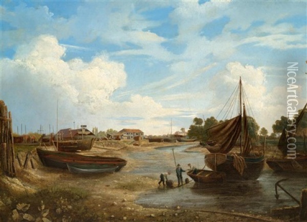 Fishing Scene In Norfolk Oil Painting - George Vincent