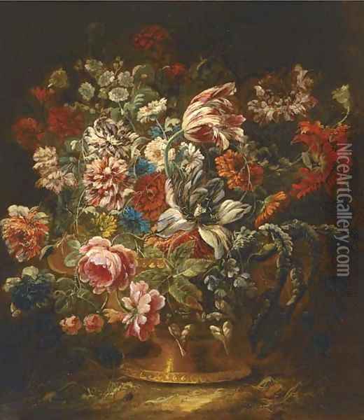 Roses, carnations, a parrot tulip and other mixed flowers in a vase Oil Painting - Jean-Baptiste Morel