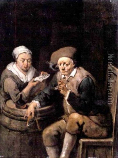A Peasant Smoking A Pipe With A Woman Reading A Letter At A Table Oil Painting - Jan Baptist Lambrechts