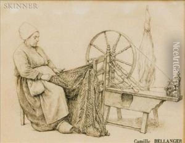 Woman At Spinning Wheel Oil Painting - Camille Bellanger