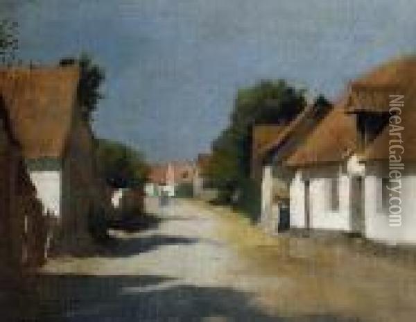 A Sunny Village Street, France Oil Painting - George Clausen