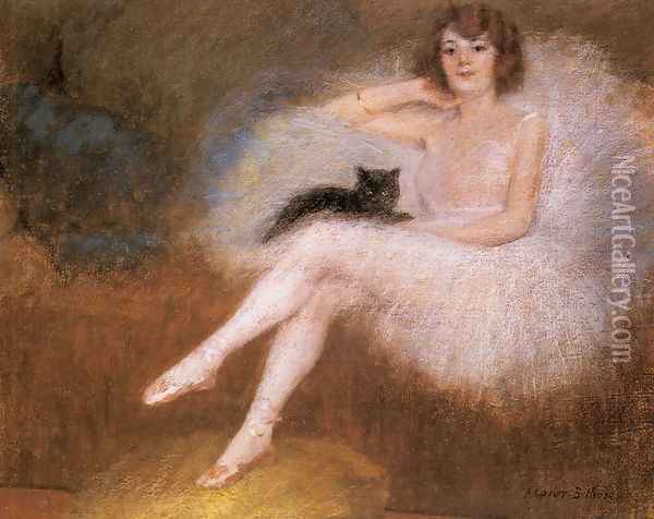 Ballerina with a black Cat Oil Painting - Pierre Carrier-Belleuse