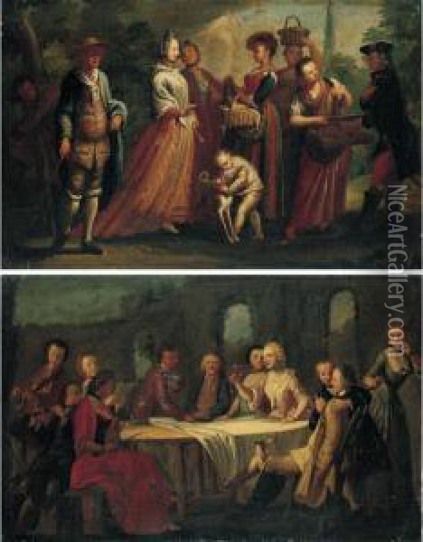 Figures Selling Various Objects 
To Passers-by; Figures Gathered Around A Table With Musicians Oil Painting - Filippo Falciatore