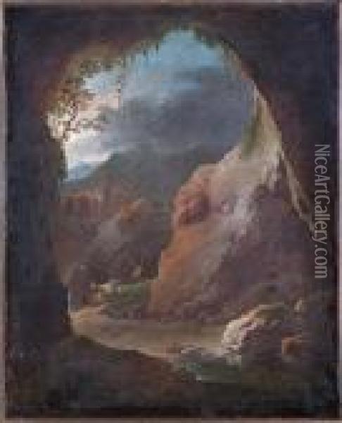 Paesaggio Laziale Con Grotta E Pastore In Cammino Oil Painting - Philipp Peter Roos