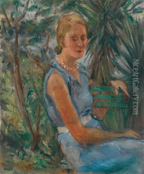 Portrait De Femme Assise Dans Un Jardin Exotique Oil Painting - Jean Launois