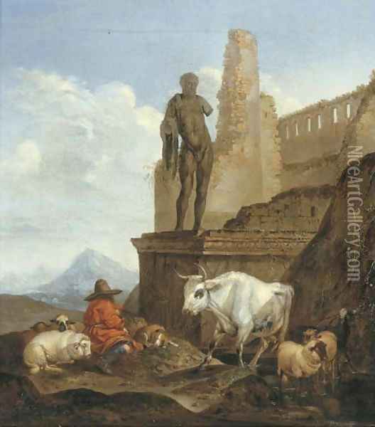 An Italianate landscape with a shepherd resting with cattle near a ruin Oil Painting - Theodor Roos