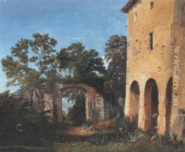 Vue De L'entree Du Chateau De Marilly Pres D'evian Oil Painting - Charles Louis Guigon