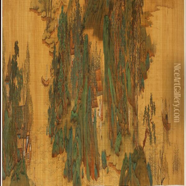 Chinese Handscroll Depicting Landscape With Houses, Boats And Figures Oil Painting - Zhao Boju