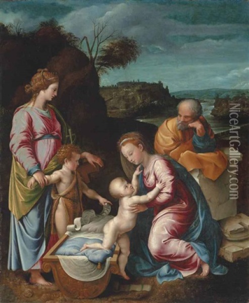 The Holy Family With The Infant Saint John The Baptist And Saint Catherine Of Alexandria Oil Painting - Giovanni Francesco Penni