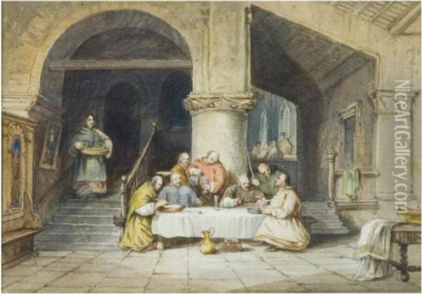 Monks Dining In A Gothic Interior Oil Painting - George Cattermole