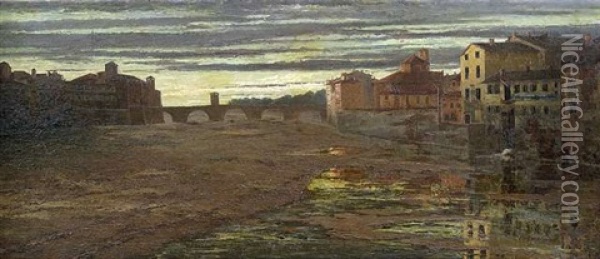 Italienische Stadt An Einem Breiten Flus In Der Abenddammerung Oil Painting - Gerolamo Cairati