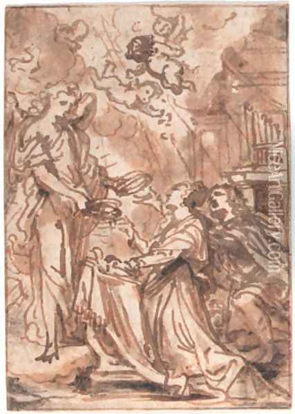 An angel presenting crowns to a kneeling couple in a church, putti above Oil Painting - Abraham Jansz. van Diepenbeeck
